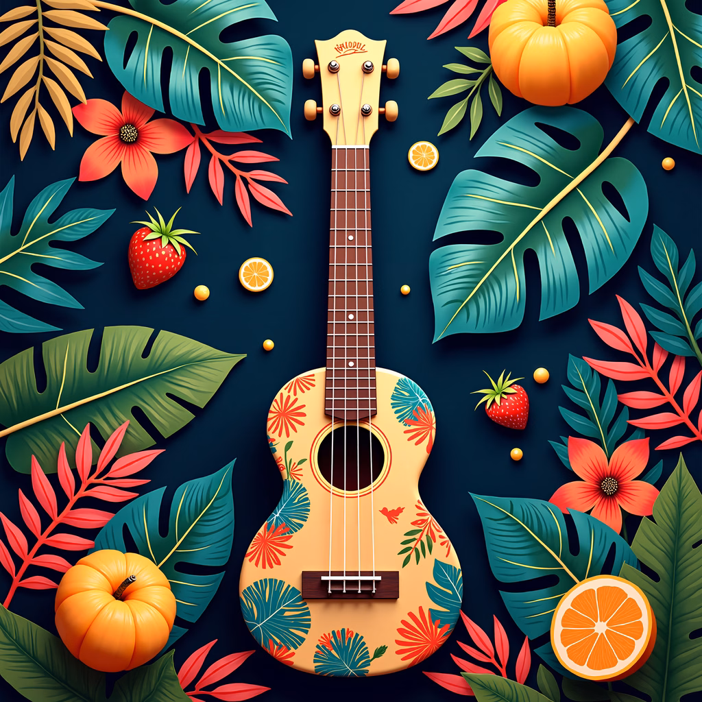 Vibrant ukulele illustration with tropical motifs and pumpkins, perfect for music and festival themes.