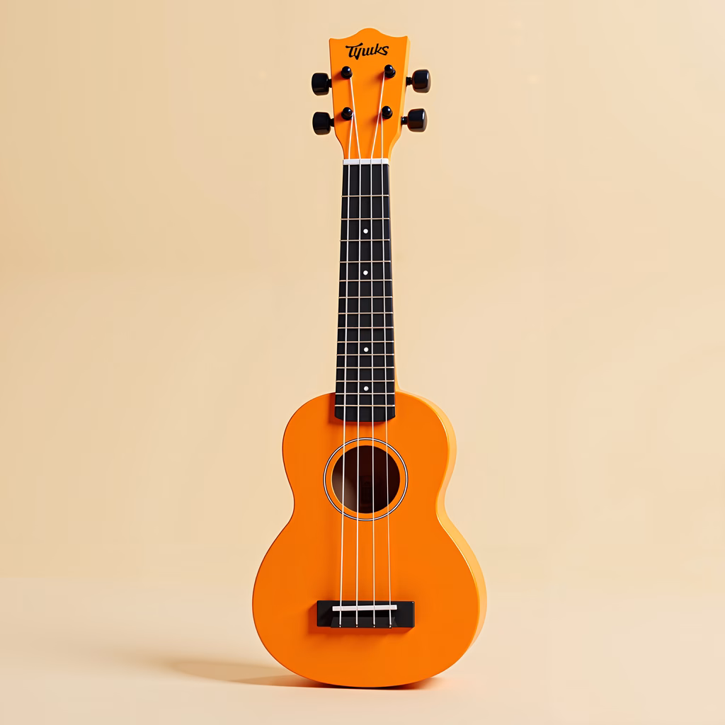 Bright orange ukulele on a beige background, evoking warmth and nostalgia.