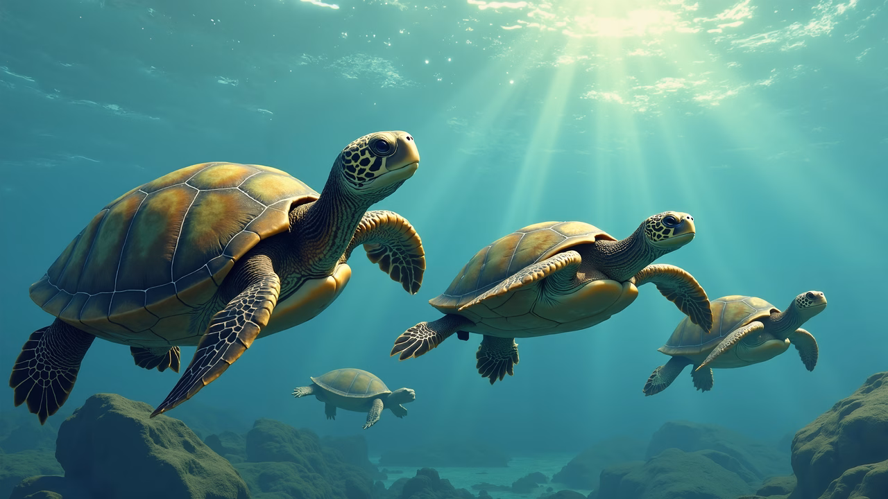 A tranquil underwater scene featuring a turtle family swimming amidst sunlight and rocks.