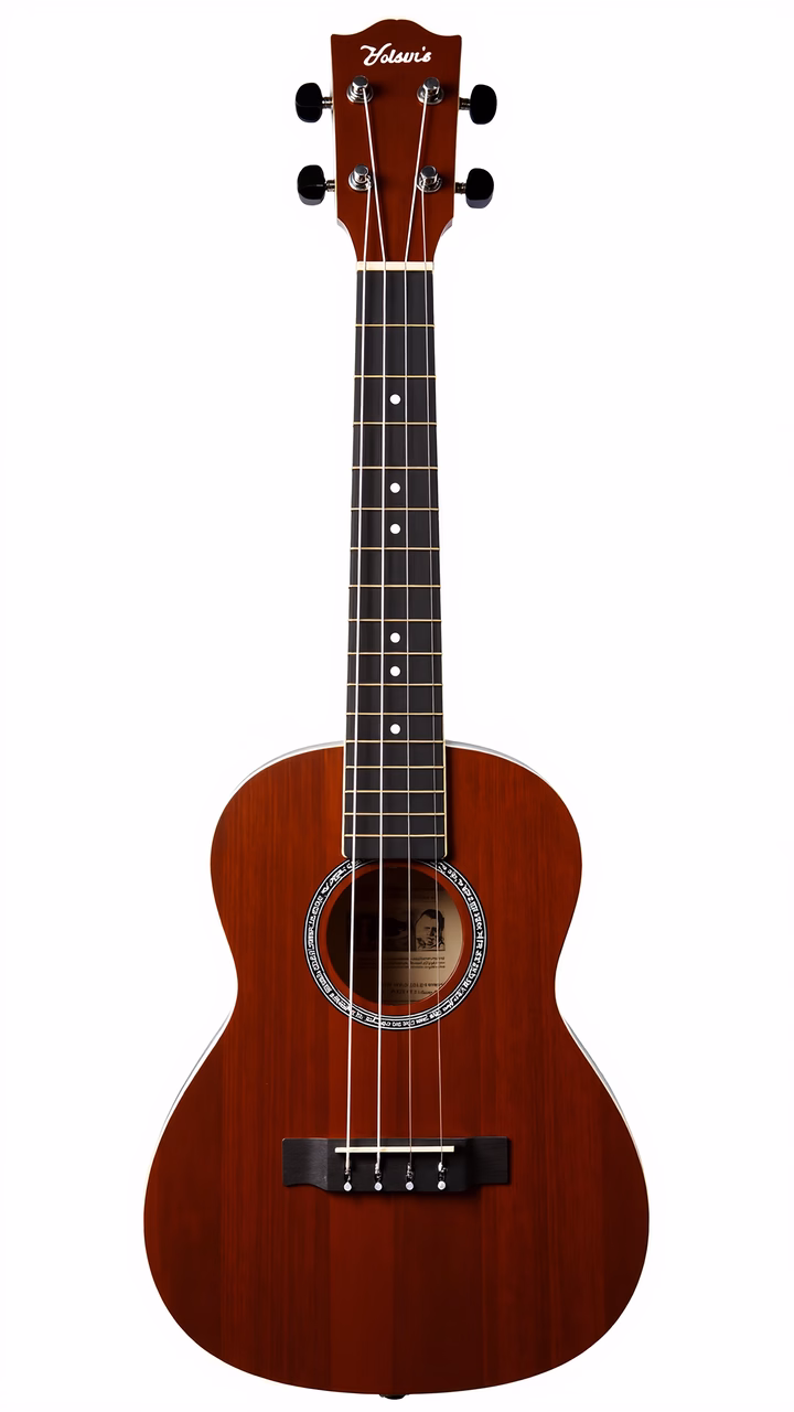 A detailed illustration of a mahogany ukulele with a dark fretboard and circular sound hole.