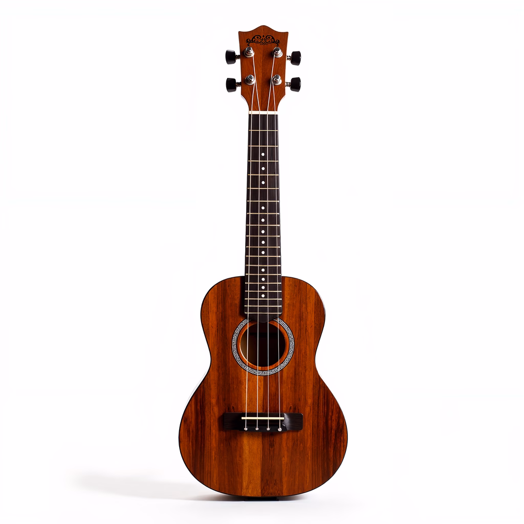 A ukulele with warm wood tones and detailed craftsmanship against a white backdrop.