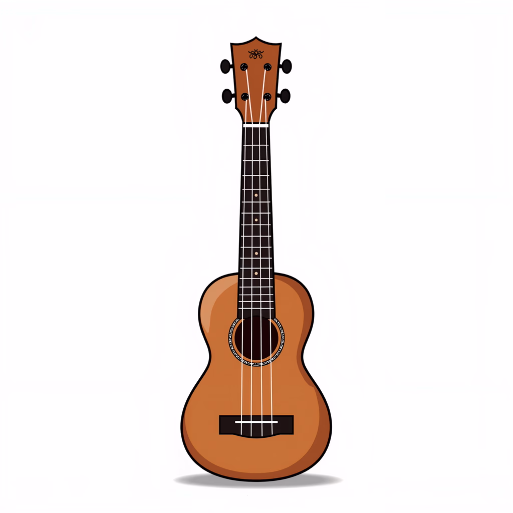A minimalist illustration of a ukulele with a light brown finish and dark fretboard.