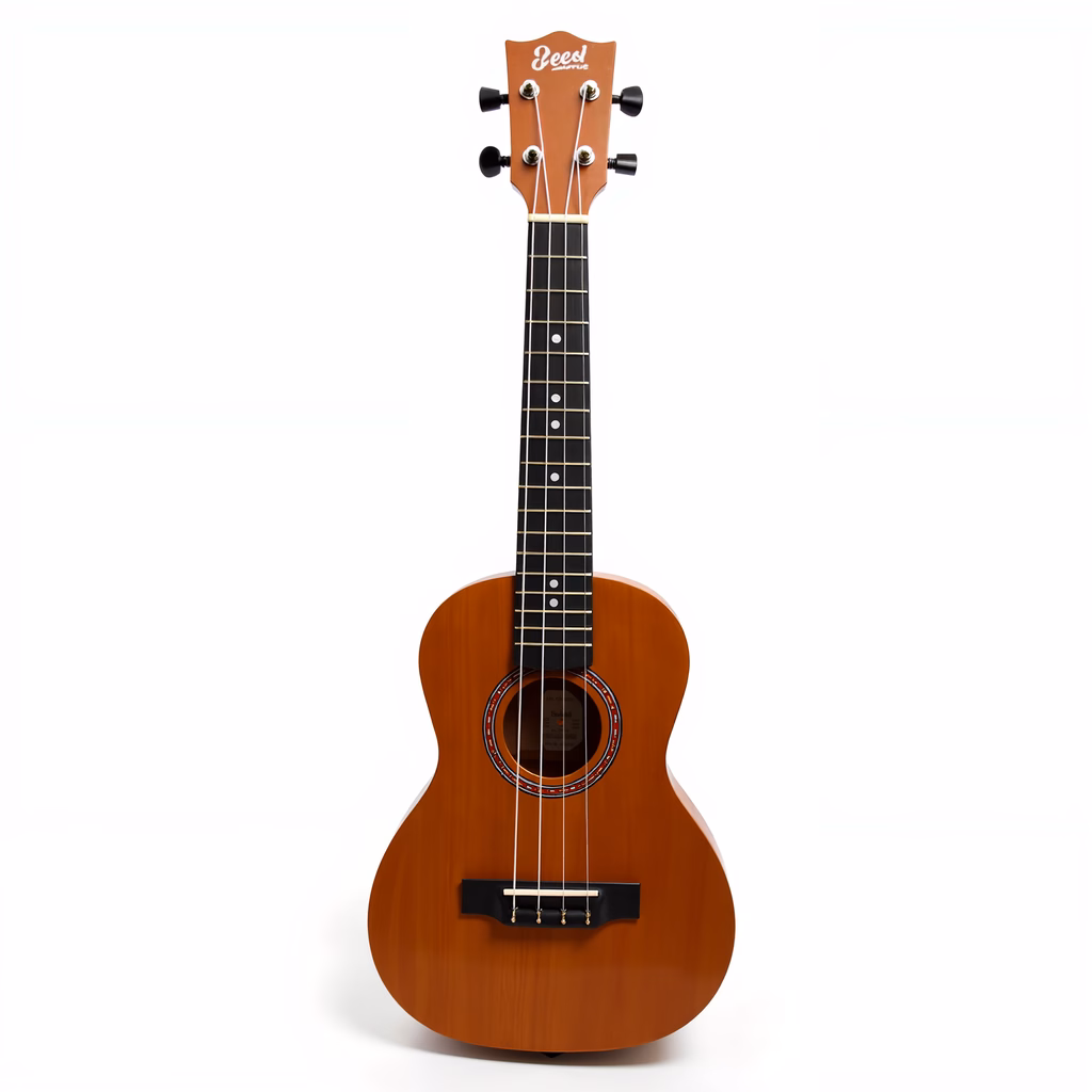 A minimalist illustration of a ukulele with a warm brown finish and black fretboard.