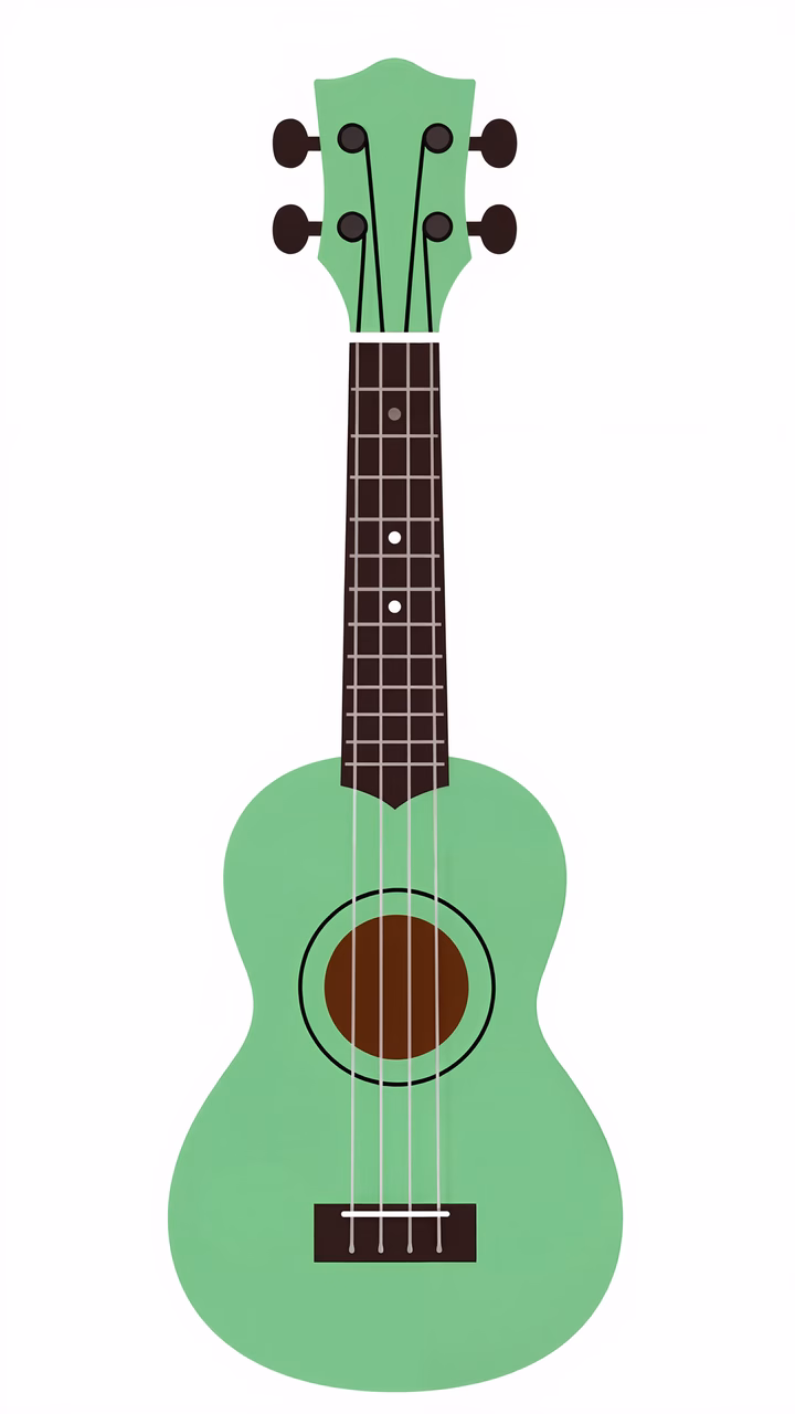 A minimalist illustration of a ukulele with vibrant green and dark brown tones.