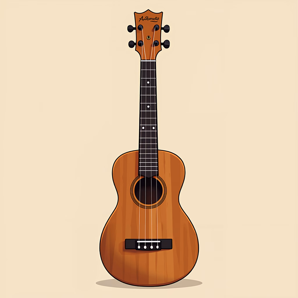 A minimalist illustration of a ukulele with warm tones and clean lines.