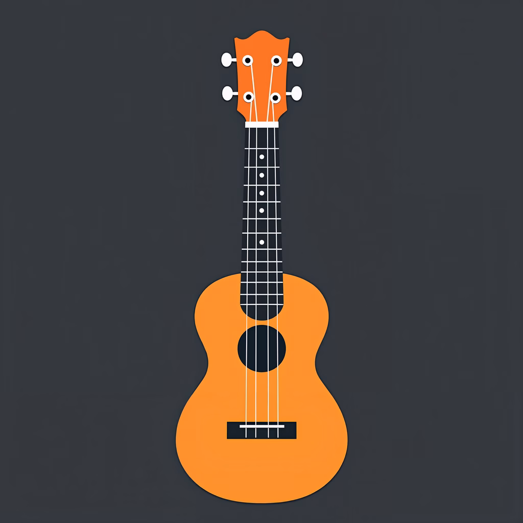 Minimalist illustration of a vibrant orange ukulele on a dark gray background.