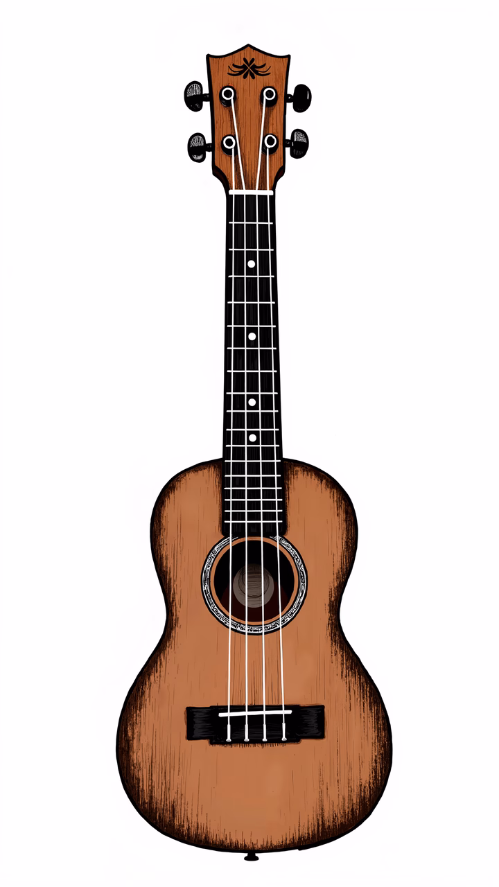 A detailed illustration of a ukulele with warm wood tones and black strings on a white background.