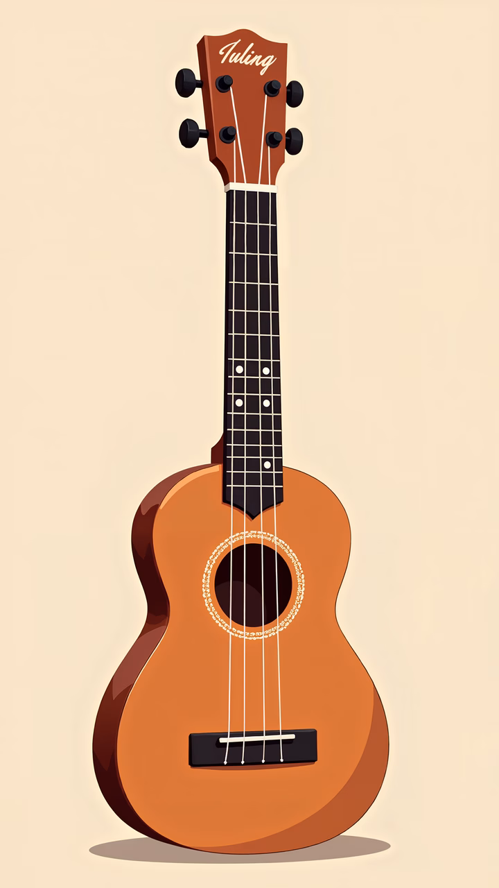 Minimalist illustration of a Ukulele with warm tones and clean lines.