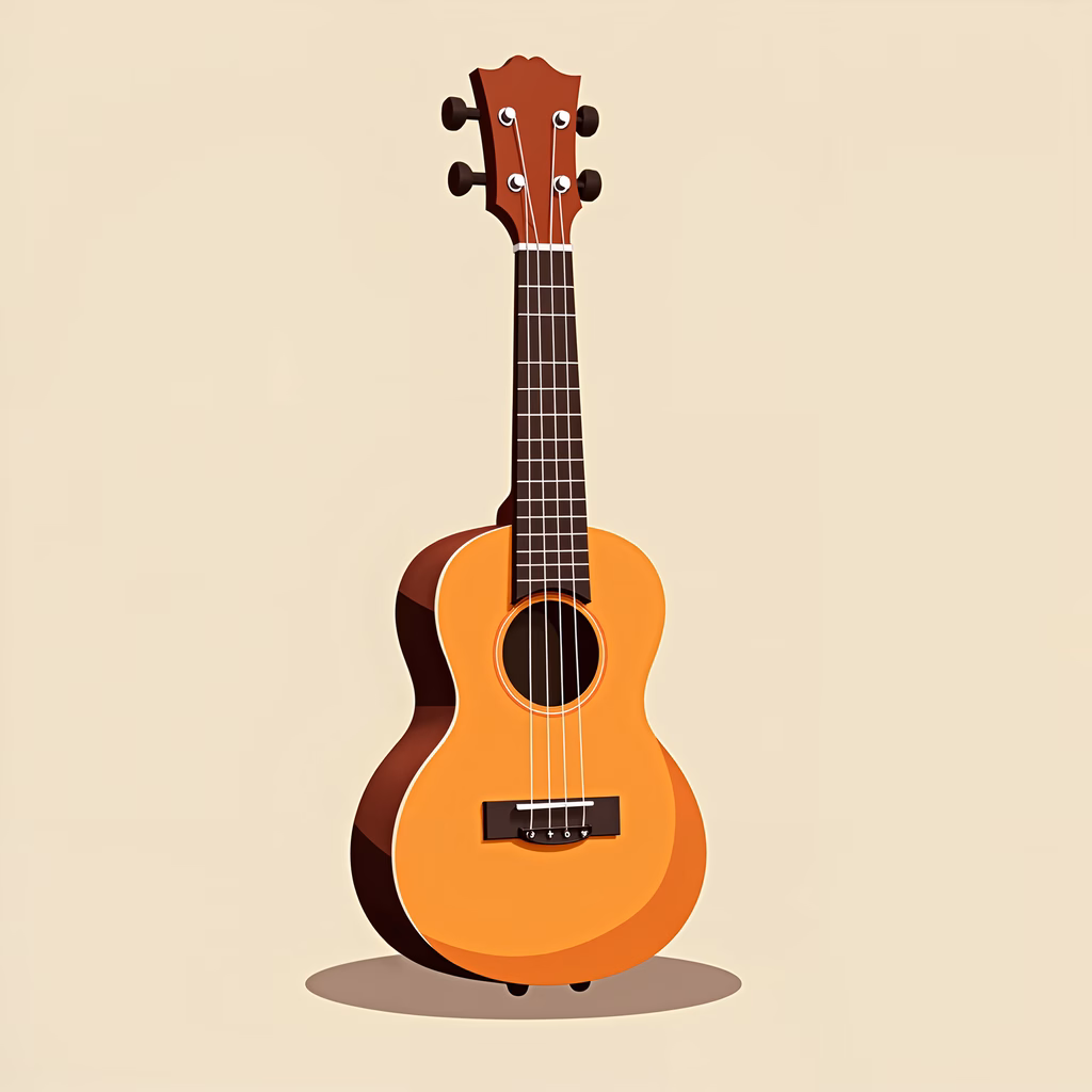 Minimalist ukulele illustration with warm colors and soft shadows.