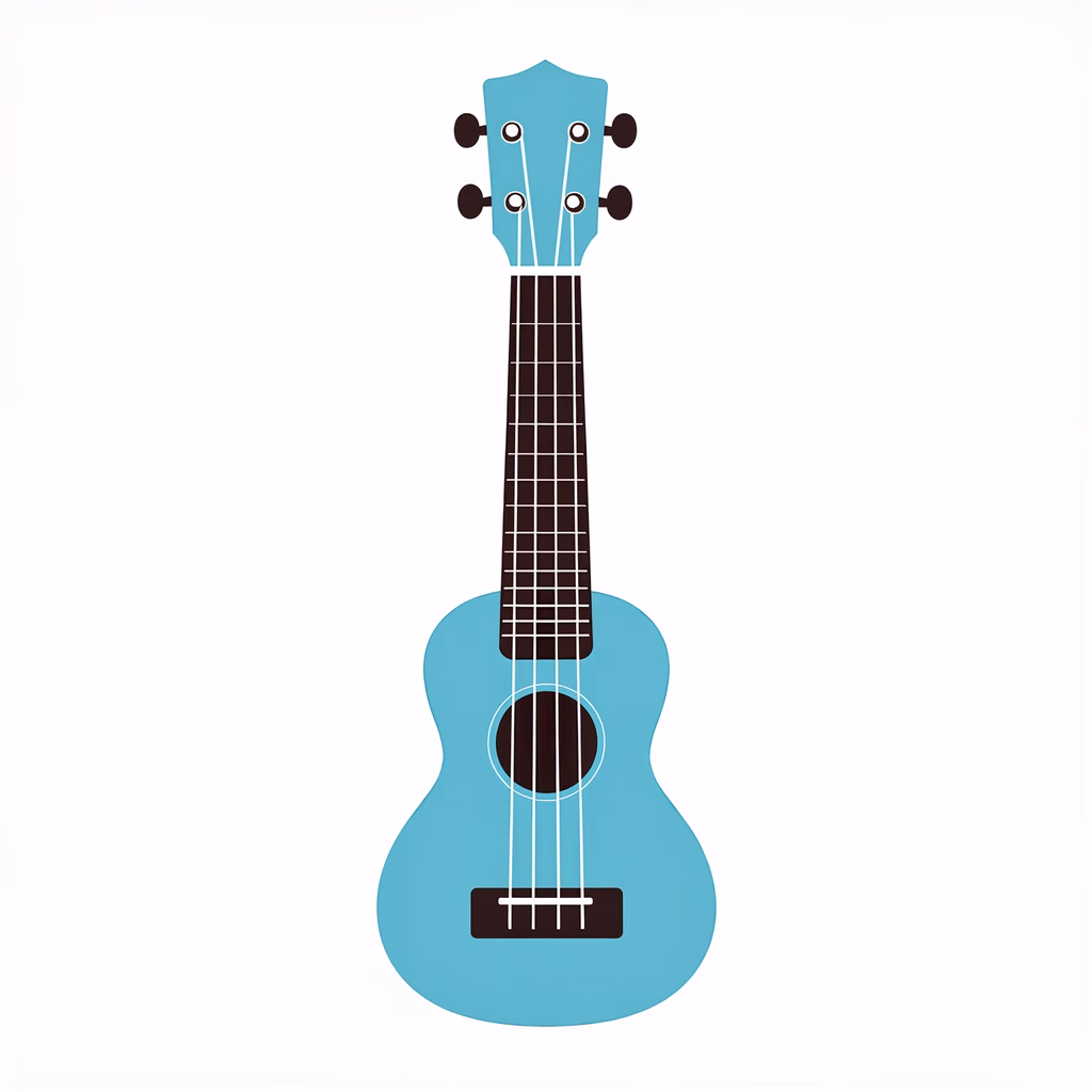 Minimalist ukulele illustration in light blue and black tones on a white background.