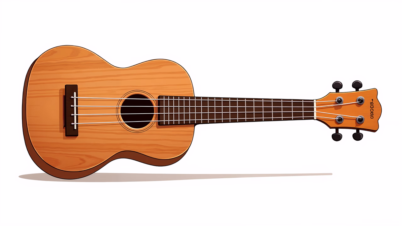 A beautifully illustrated ukulele with a natural wood finish and clear string details.