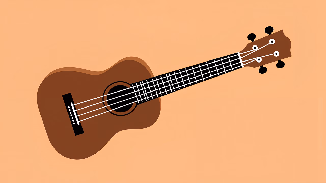A minimalist ukulele illustration with warm tones and simple design.