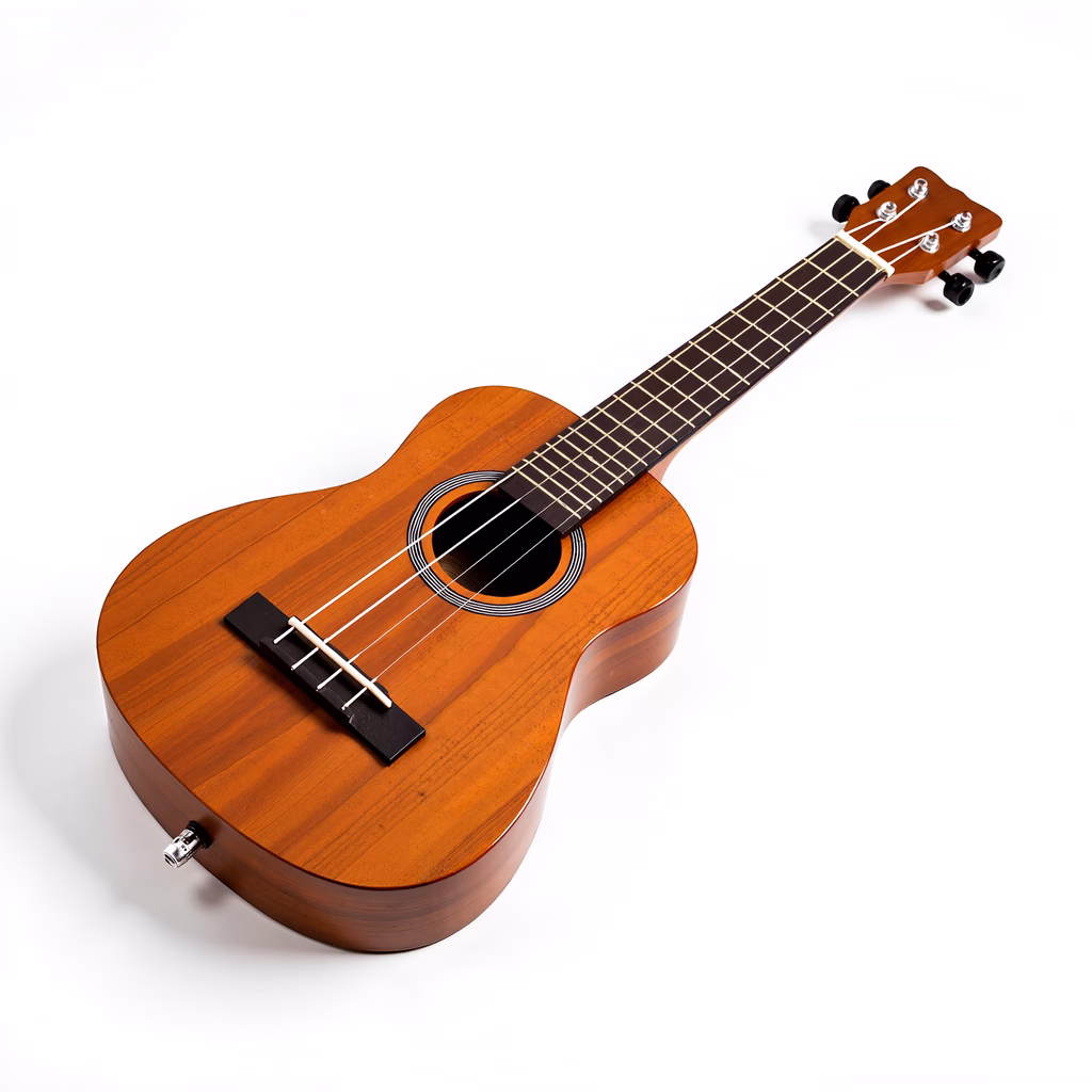A detailed illustration of a ukulele with a warm wood finish, perfect for music enthusiasts.
