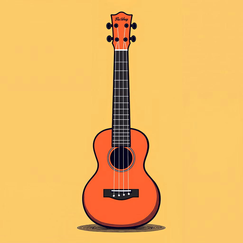 Brightly colored ukulele illustration on a yellow background.
