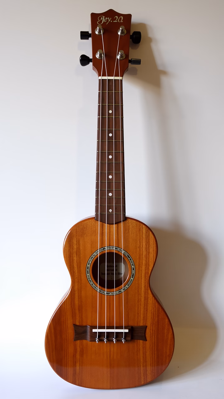 A Ukulele with a wooden finish and a white background.