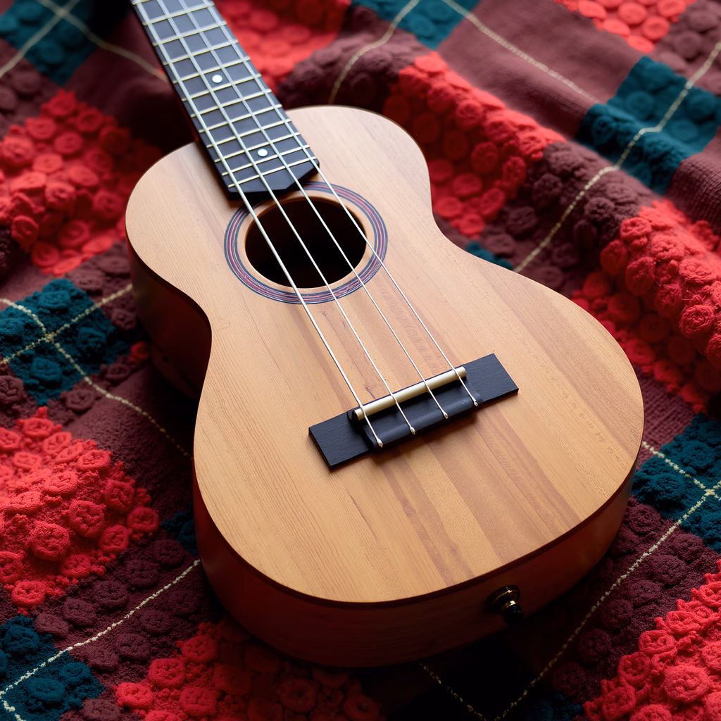 A ukulele on a colorful plaid blanket, evoking a serene musical vibe.