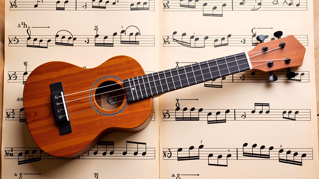 A ukulele on sheet music, blending wood and paper textures for a creative vibe.