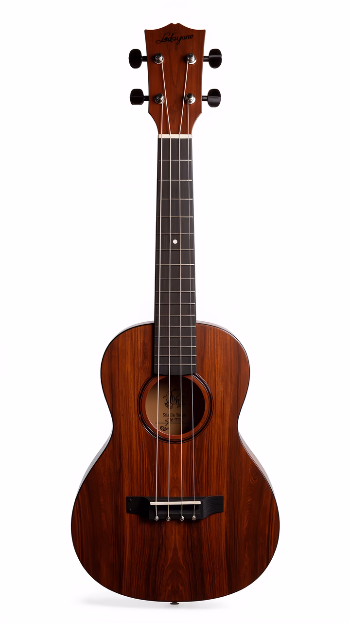 Close-up of a ukulele with detailed wood grain and brand logo.