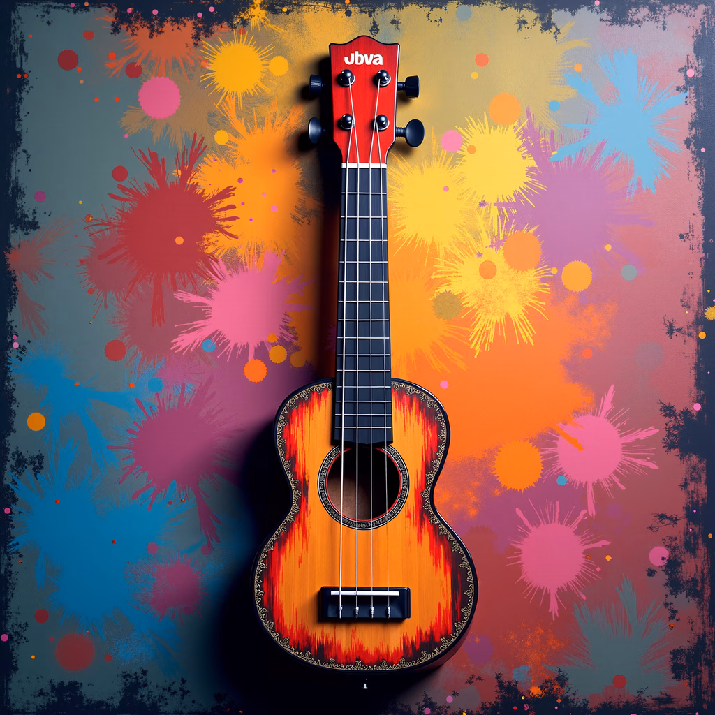 Vibrant ukulele against colorful paint splatter background
