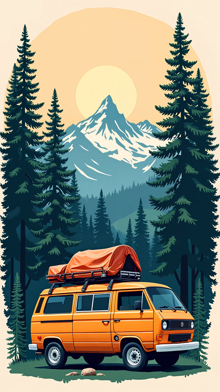 Classic van adventure in a tranquil wilderness setting.