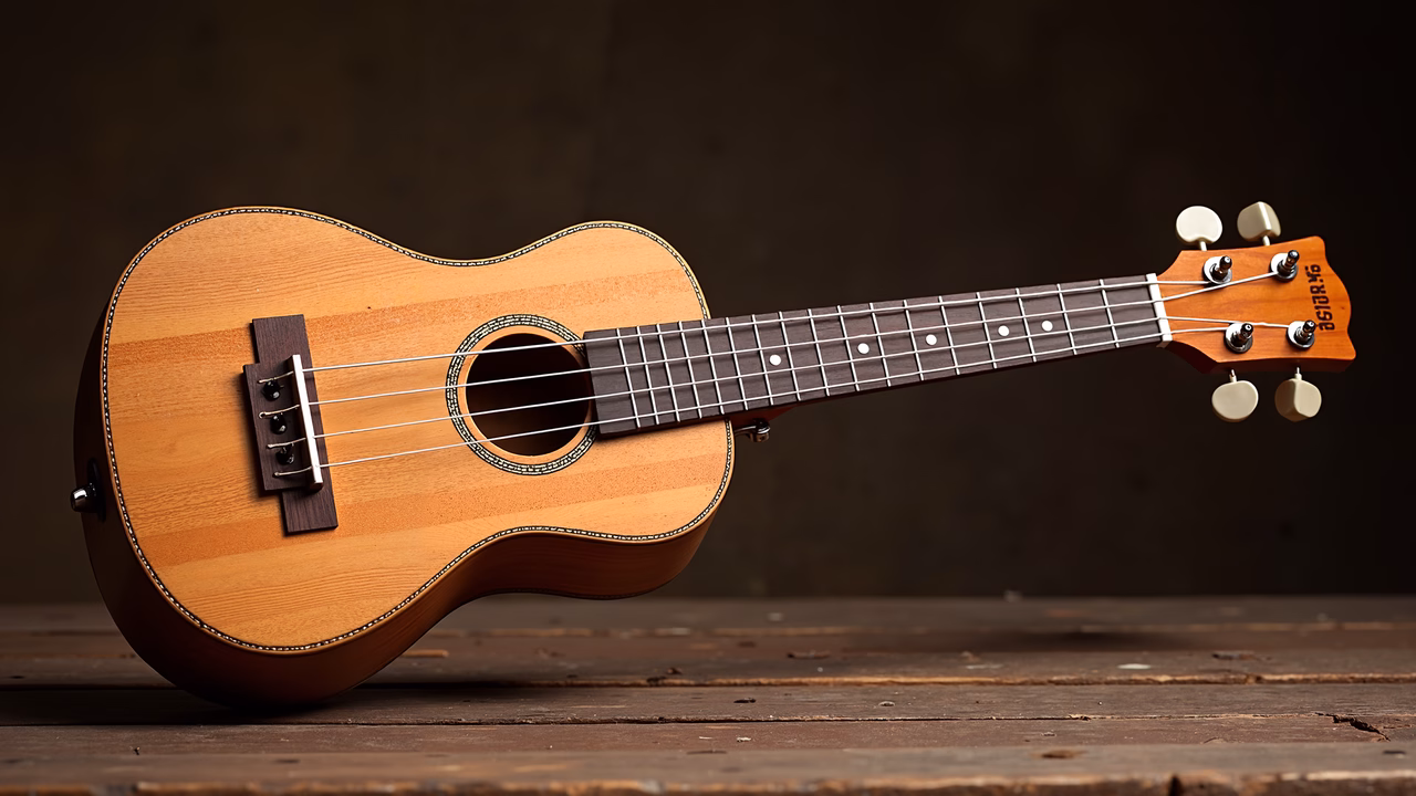 Vintage ukulele resting on a wooden surface, showcasing its intricate details and warm tones.
