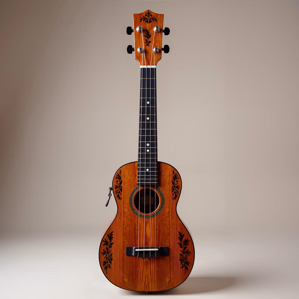 Vintage ukulele with intricate inlays and warm wood tones