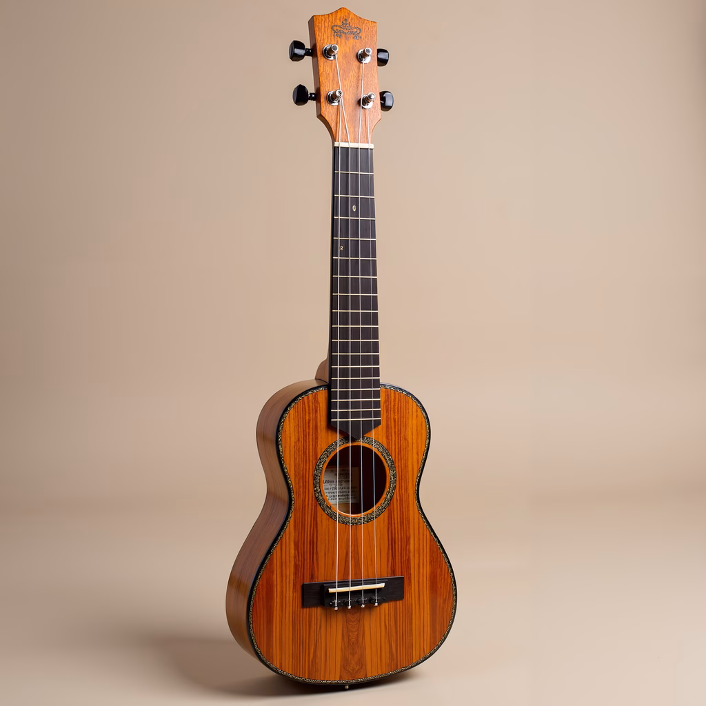 A close-up of a vintage ukulele with intricate wood grain and inlay details against a neutral background.
