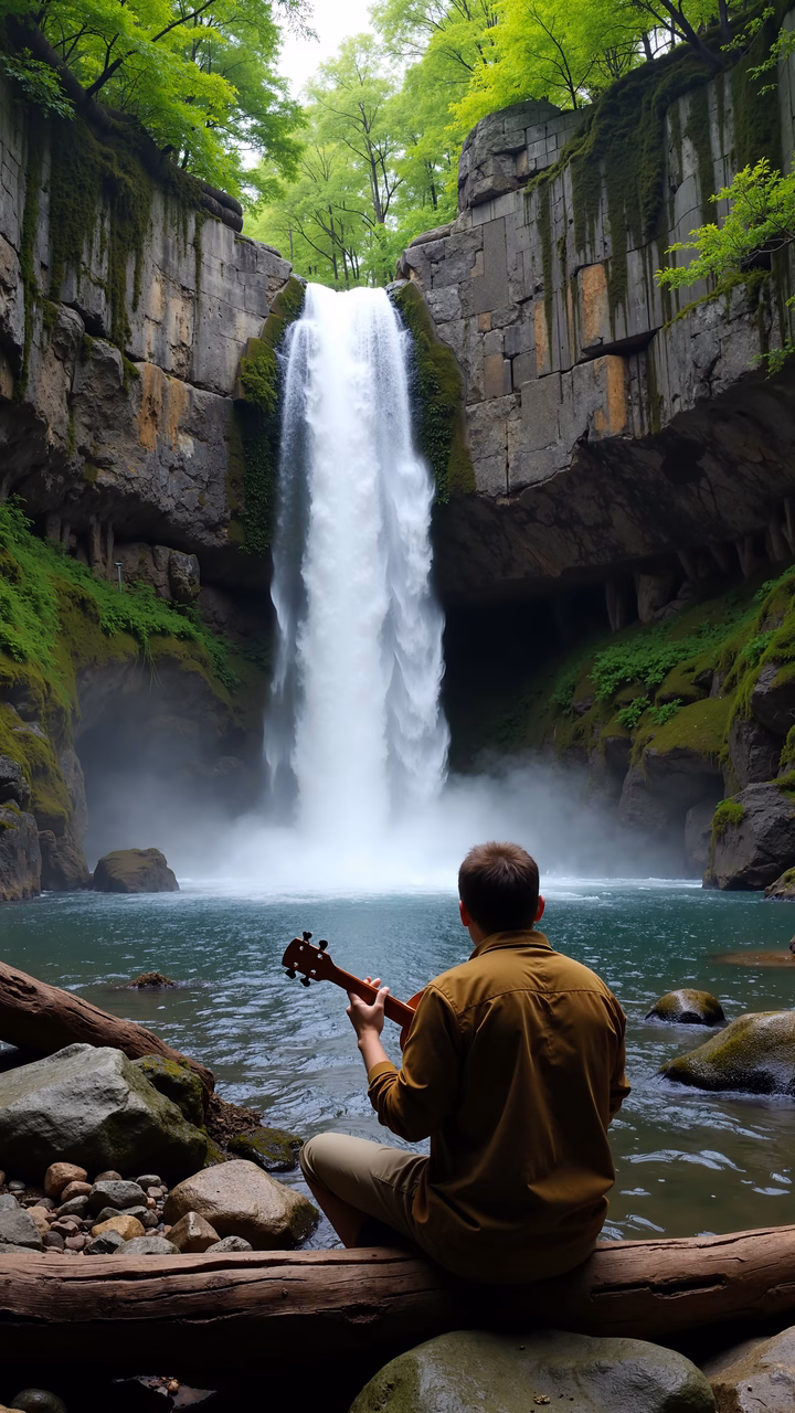 Man playing guitar near a waterfall in serene nature setting.