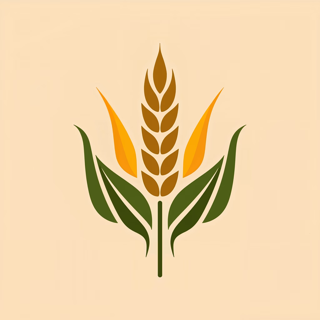 Stylized wheat ear illustration with green leaves and golden grains on a beige background.