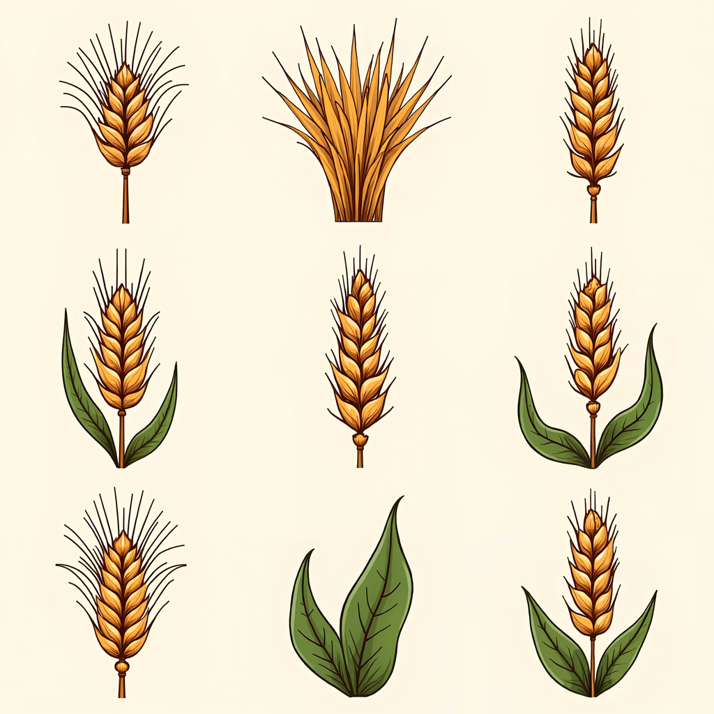 Detailed botanical illustrations of wheat stages.