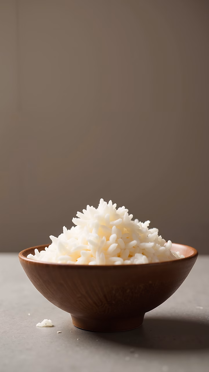 Minimalist white rice in a rustic wooden bowl.