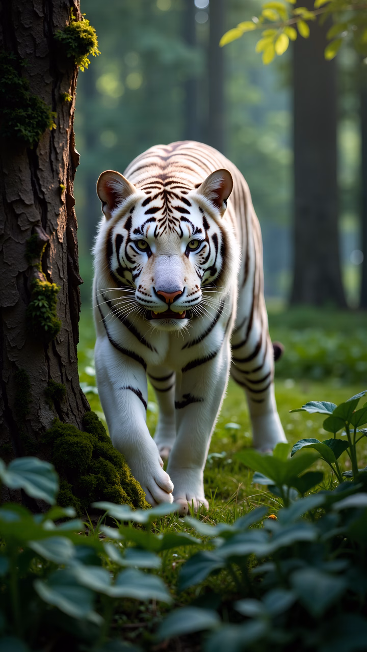 A white tiger in a forest, striking contrast, serene atmosphere, wildlife photography
