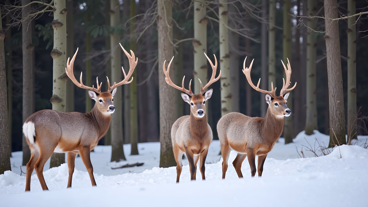 Three deer standing in a snowy forest, showcasing winter beauty and tranquility.