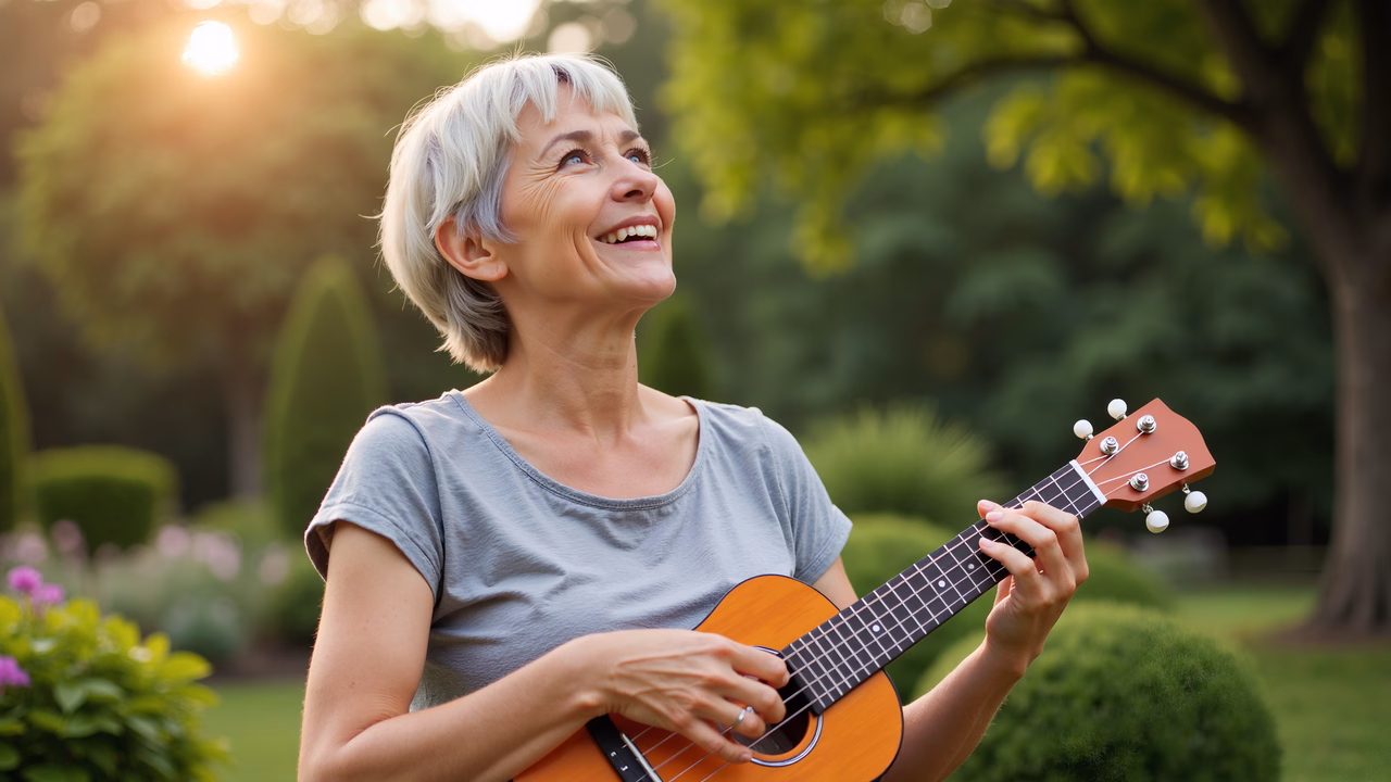 Woman playing ukulele in a sunny garden setting