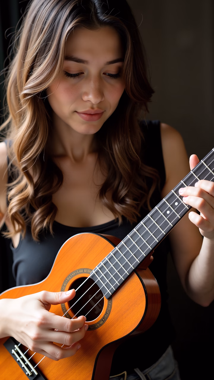 Close-up portrait of a woman playing a ukulele, capturing a moment of musical expression.