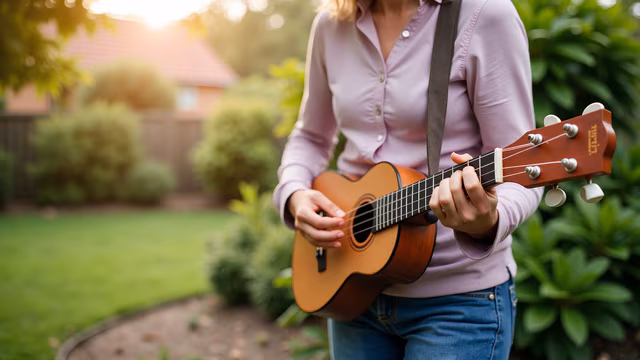 Woman Playing Ukulele in Garden