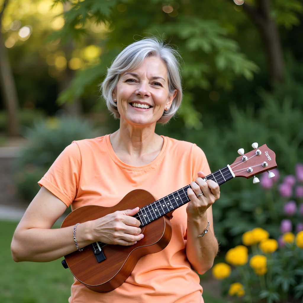 Brightly lit portrait of a woman playing ukulele in a natural setting.