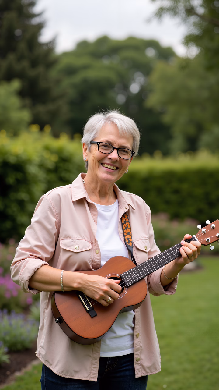 A joyful moment captured in nature with a ukulele player.