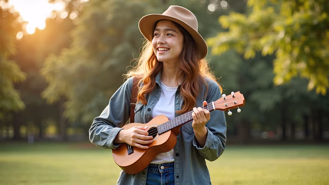 Woman Playing Ukulele in Nature