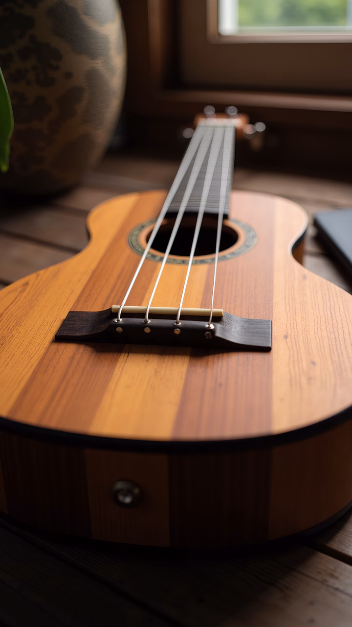 Close-up of a wooden ukulele with warm tones and natural finish.