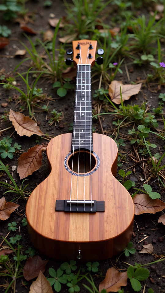 Wooden Ukulele Amongst Greenery