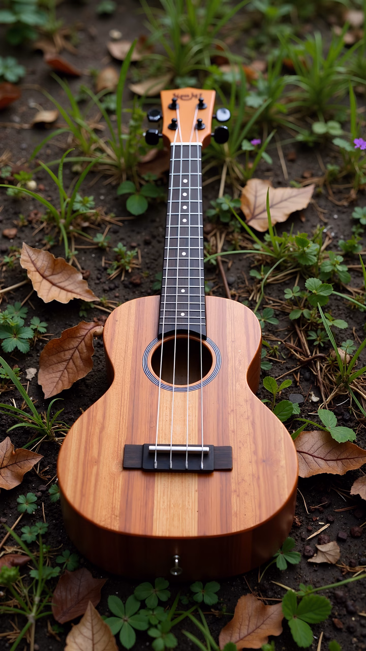 A wooden ukulele amidst lush greenery and fallen leaves, evoking a peaceful and natural vibe.