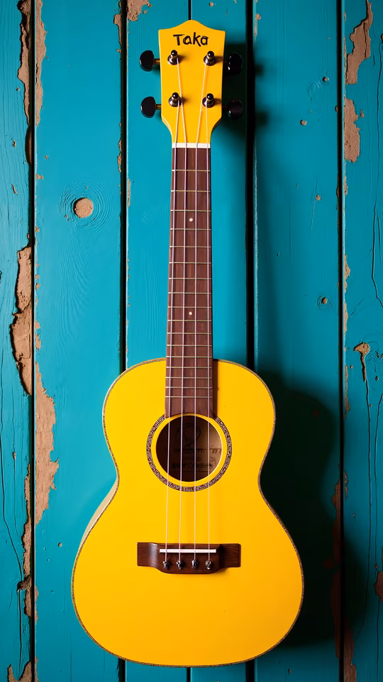 Yellow Ukulele Against Teal Wood