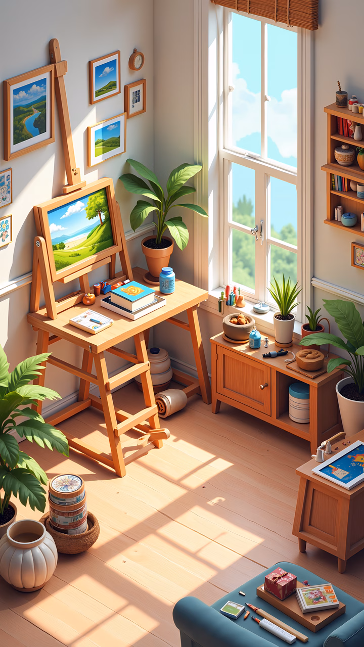 A peaceful artist's studio filled with natural light and creative tools.
