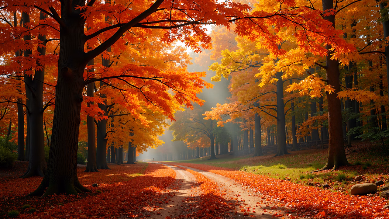 A tranquil autumn forest path with vibrant foliage and dappled sunlight.