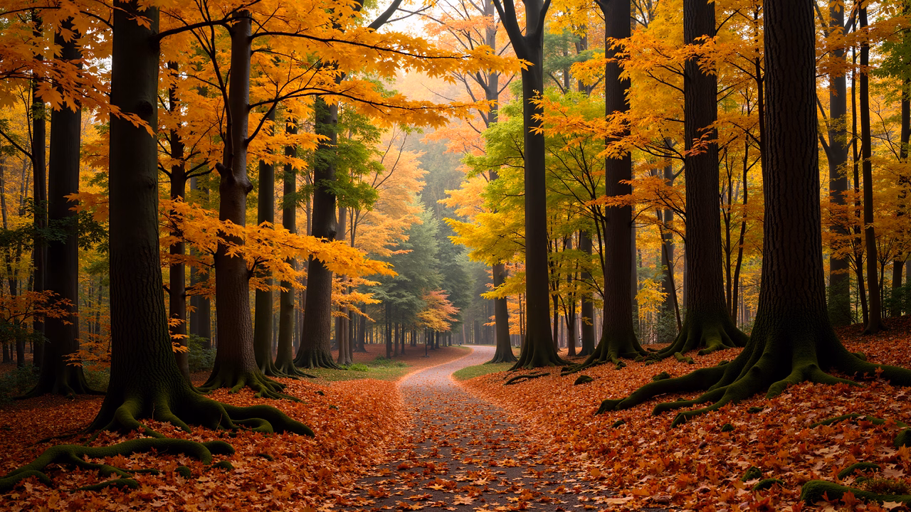 A misty autumn forest path lined with colorful trees and fallen leaves.