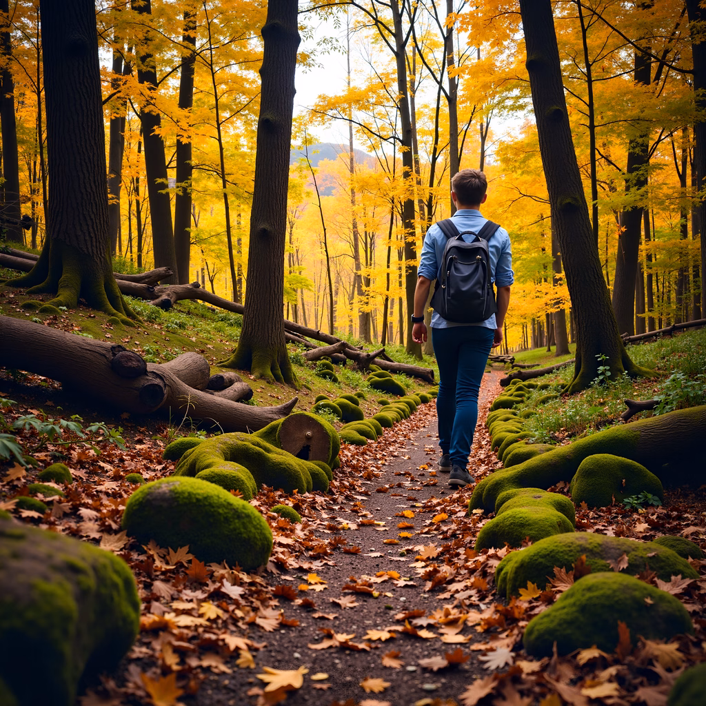 Solitary journey through a mossy autumn forest