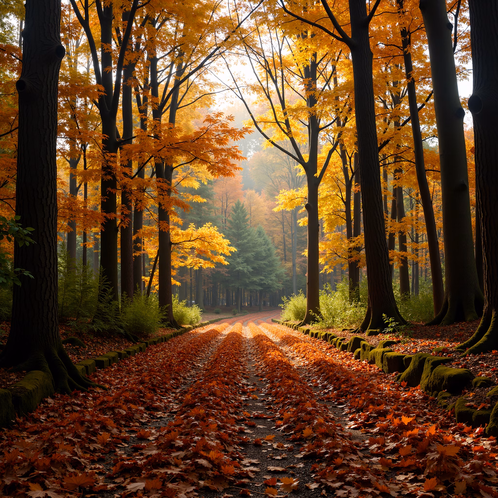 A peaceful autumn pathway surrounded by colorful foliage under soft natural light.