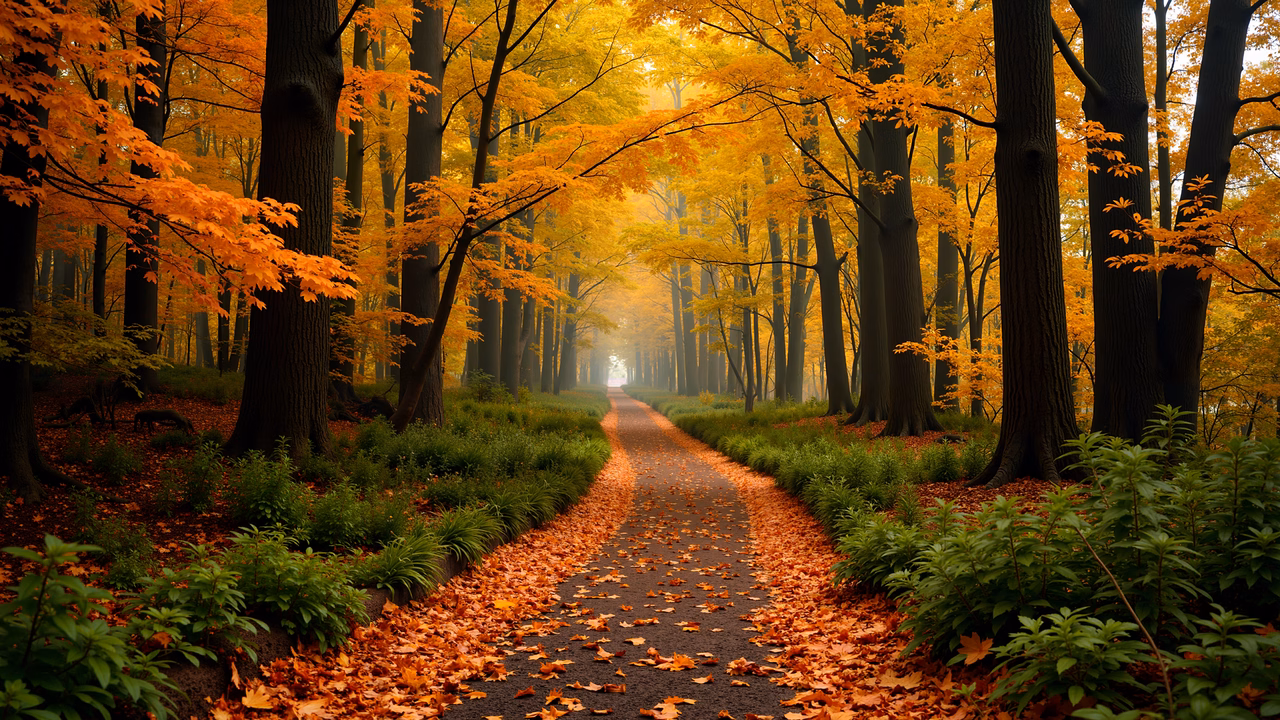 A picturesque pathway lined with autumn-colored trees and fallen leaves, inviting exploration of natural beauty.