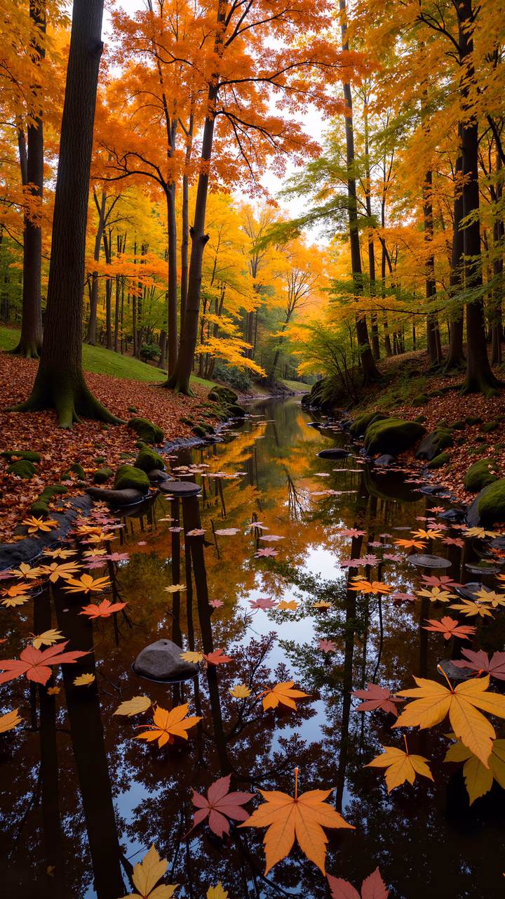 Vibrant autumn leaves reflecting in a peaceful stream amidst tall trees.